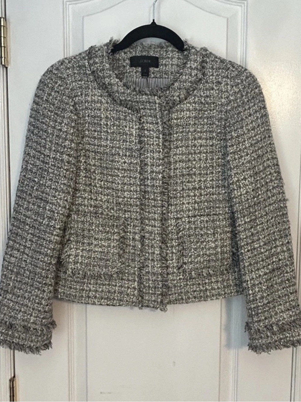 J. Crew Gray Tweed Bouclé Collarless Jacket